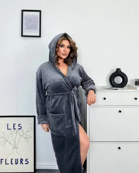 Теплый стильный серый халат унисекс