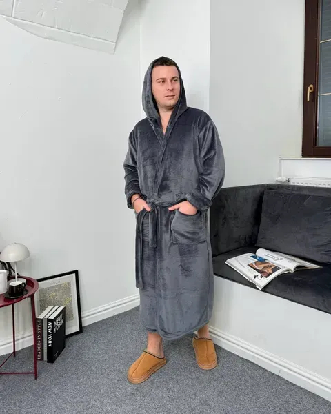Теплый стильный серый халат унисекс
