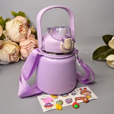 Красивый термос с ремешком (наклейки в комплекте) 650 ml Цвет: Голубой